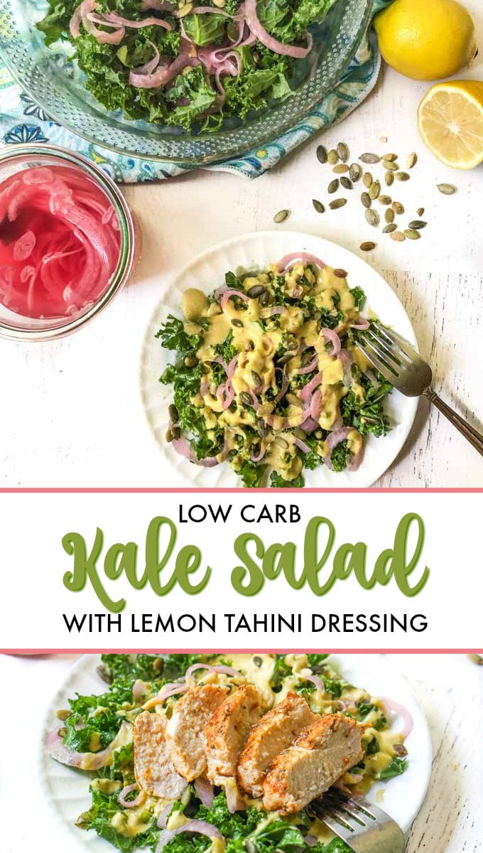 white plate with kale salad and lemon in background with text overlay