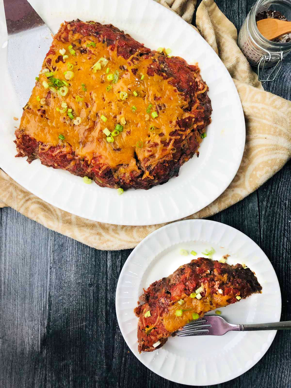 aerial view with a platter and dish with Keto Mexican meatloaf