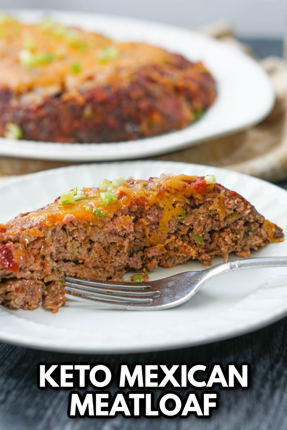 a white platter and dish with Keto Mexican meatloaf with text