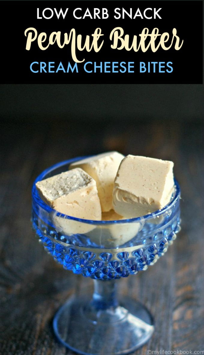 Photo of blue dessert cup holding peanut butter cream cheese bites with text overly.