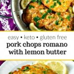 pan and white plate with low carb pork chops Romano with text