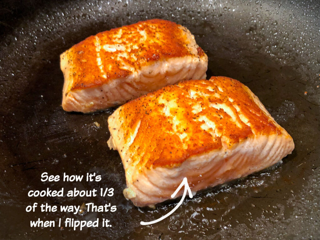 photos of salmon filets in a pan with text showing how to sear it