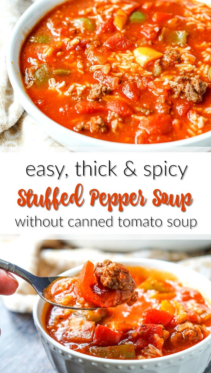 white bowls of easy & spicy stuffed pepper soup with text