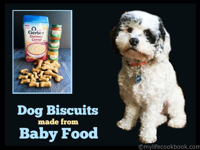 photo of puppy with baby food and dog treats and text