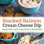 blue bowl with low carb smoked salmon cream cheese dip, celery, crackers and text overlay