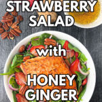 bowl with salmon strawberry spinach salad with text