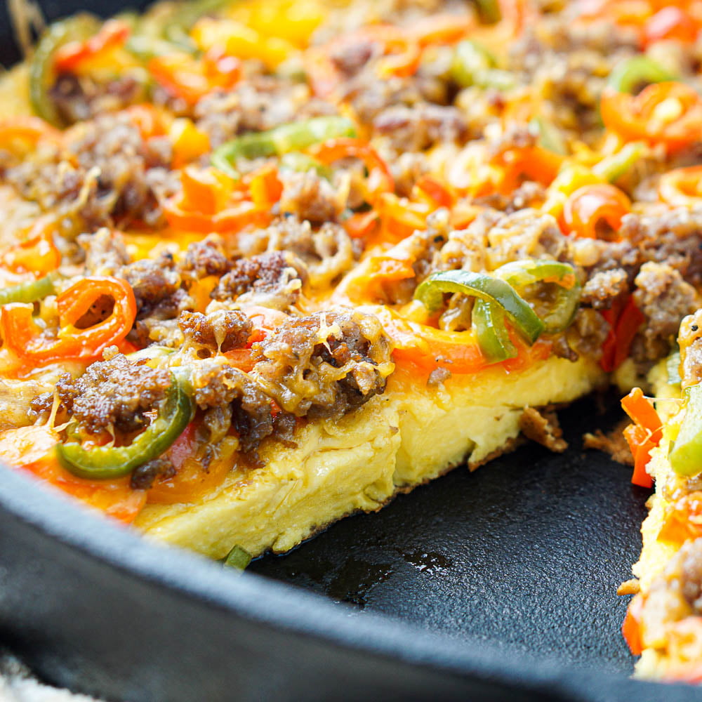 closeup of a cast iron skillet with a keto breakfast pizza