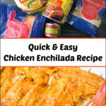 pan and ingredients with chicken enchiladas and text