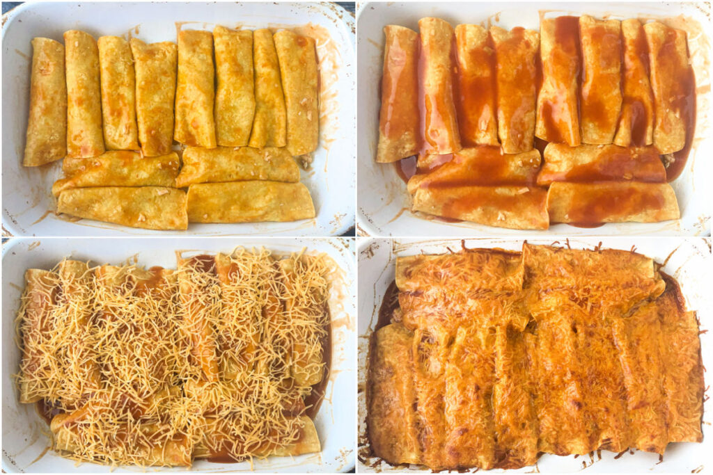 collage of pictures showing how to make a pan of enchiladas