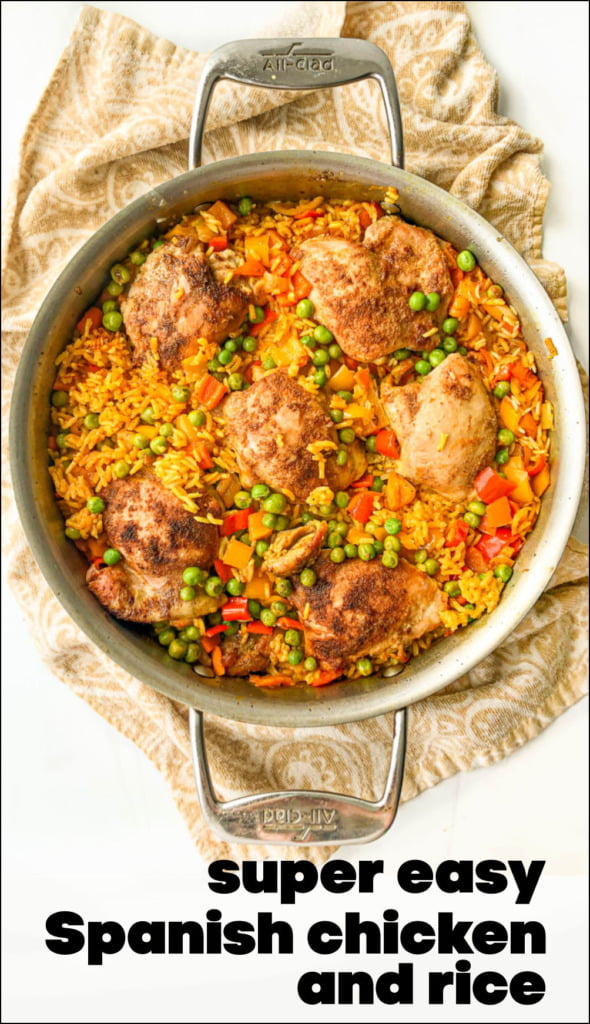 silver pan of Spanish chicken and rice with text overlay