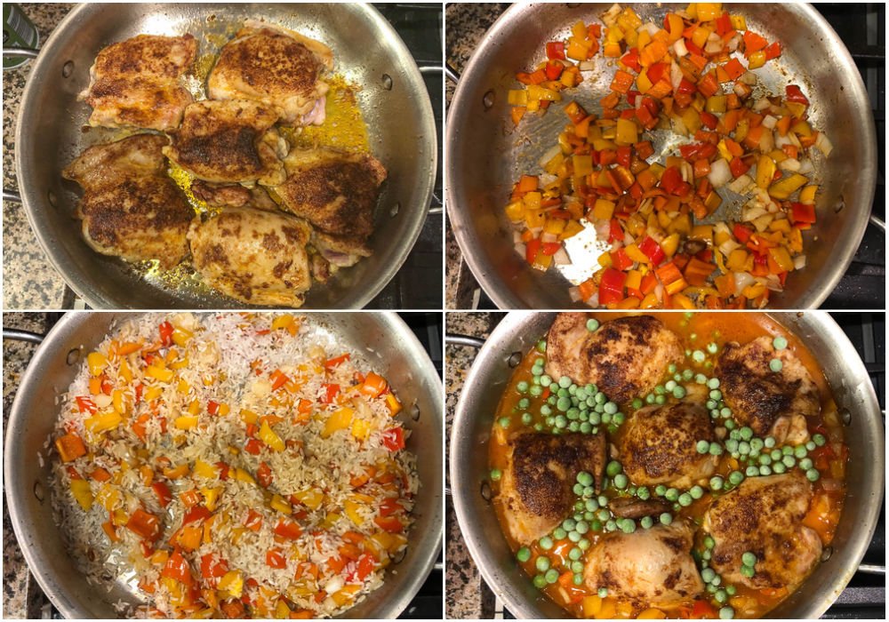 collage of photos showing you how to make the Spanish rice and chicken