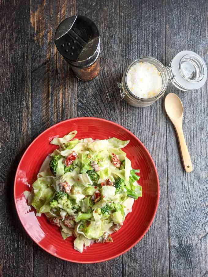 Creamy sun dried tomato & broccoli cabbage is an easy side dish to whip up or eat it as a main course. A great low carb alternative to pasta.