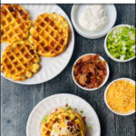 aerial view of plates with potato waffles and small plates with toppings and text