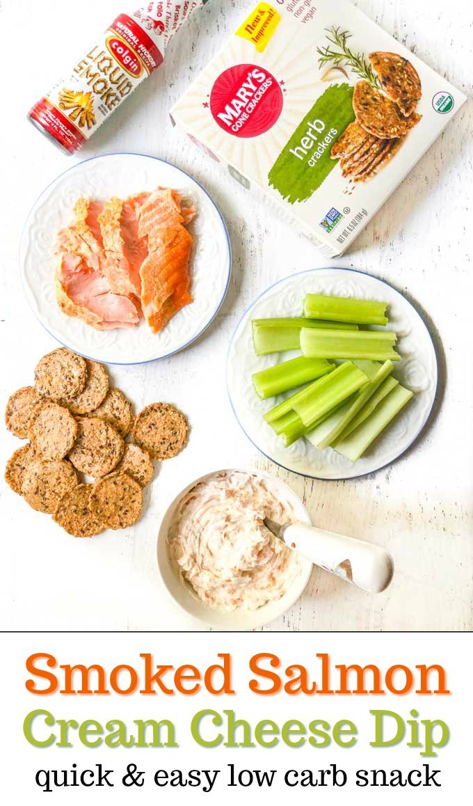 plate of smoked salmon, celery, crackers and bowl of smoked salmon cream cheese dip with text overlay