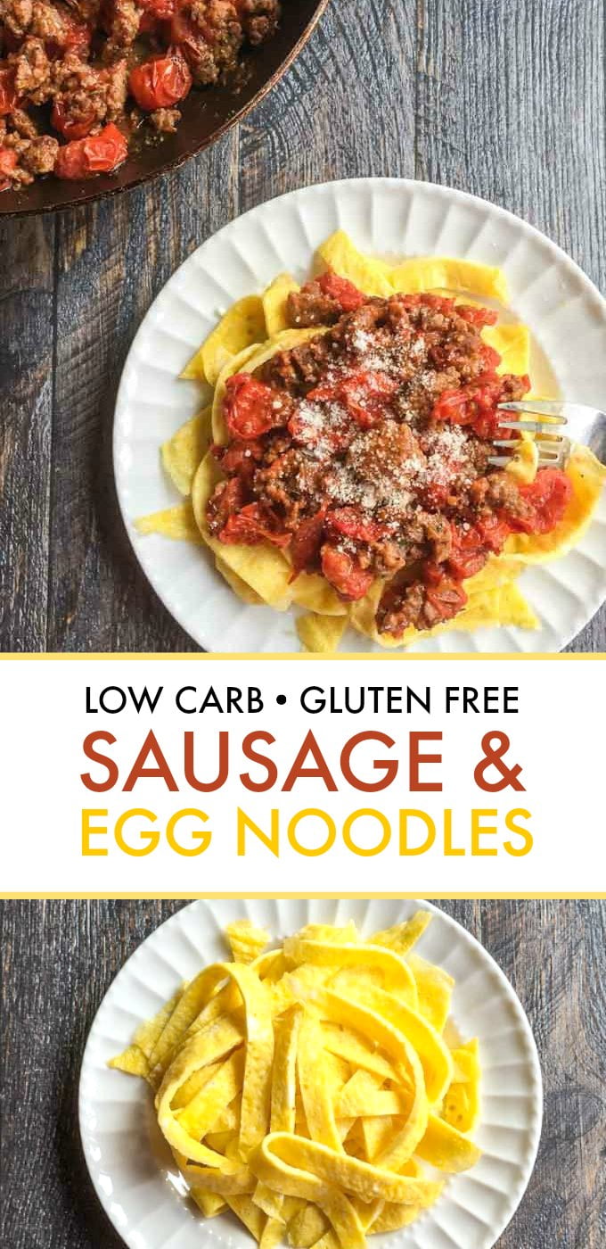 These low carb sausage and egg noodles are both fun and tasty. A delicious tomato and sausage sauce covers the noodles that are literally made from eggs.