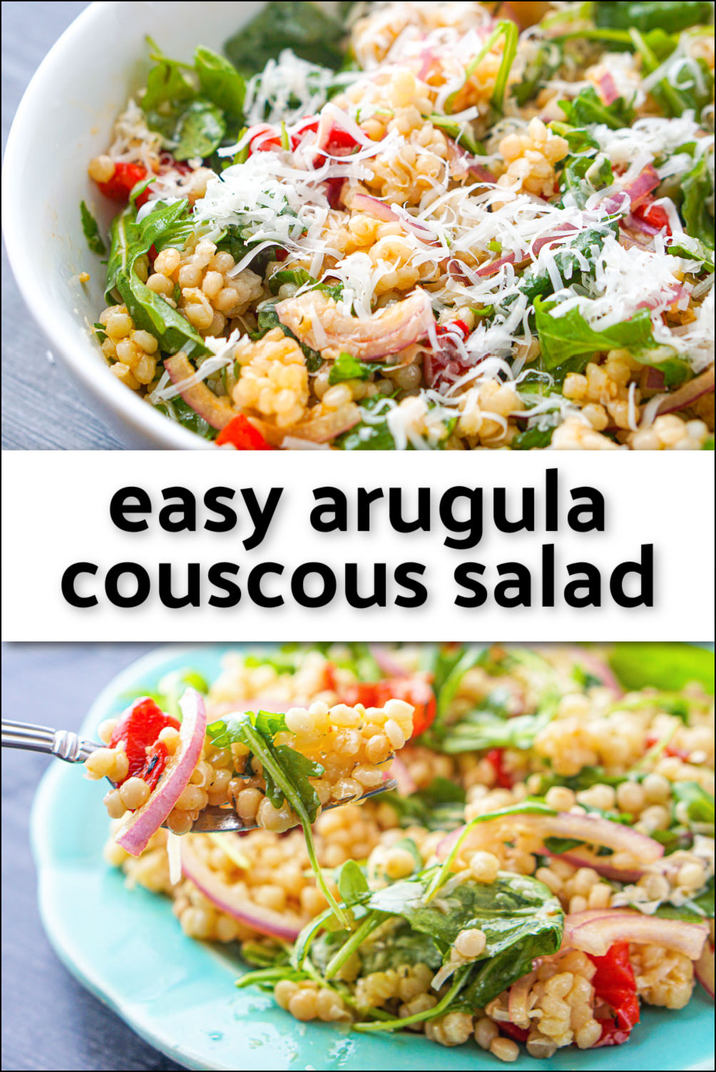white bowl & blue plate with arugula couscous salad and text