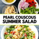 ingredients and white bowl with arugula couscous salad and text