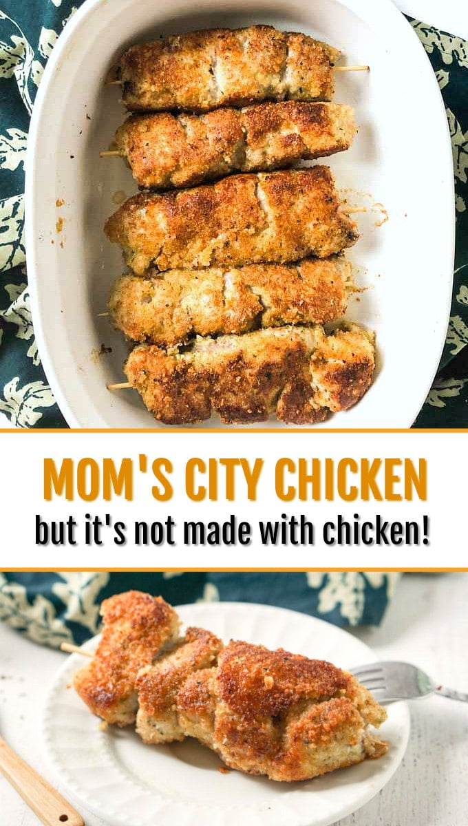 white plate with a piece of city chicken and text overlay
