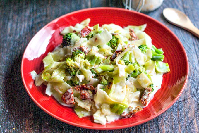 Creamy sun dried tomato & broccoli cabbage is an easy side dish to whip up or eat it as a main course. A great low carb alternative to pasta.