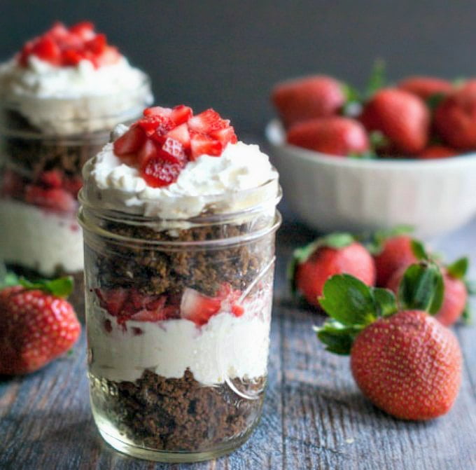 These cheesecake parfaits in a jar are not only fun to eat but they are low carb too! A special treat using seasonal strawberries. Only 6.3g net carbs per jar!       