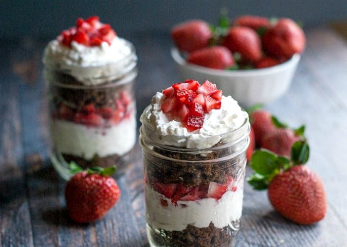 These cheesecake parfaits in a jar are not only fun to eat but they are low carb too! A special treat using seasonal strawberries. Only 6.3g net carbs per jar!       