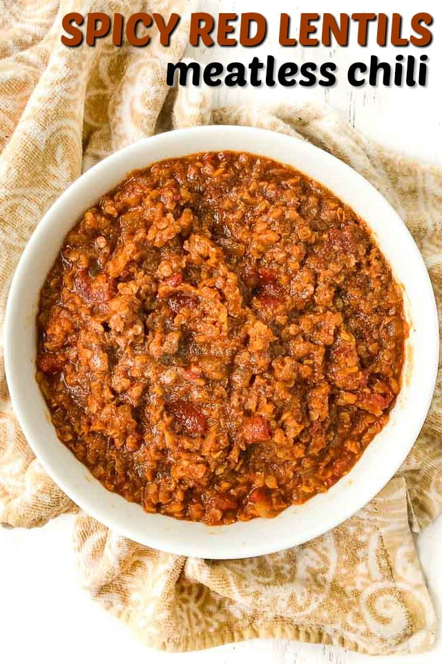 white bowls with spicy Mexican red lentils with text