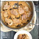 Pan and a closeup of a white plate with a serving of pork tenderloin with fig sauce. and text overlay.