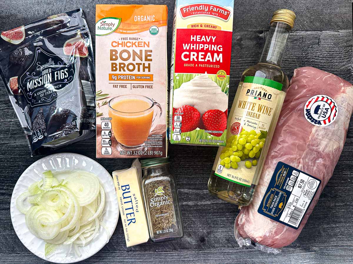 Recipe ingredients - figs, onions, butter, rosemary, cream, broth, wine vinegar and pork tenderloin.