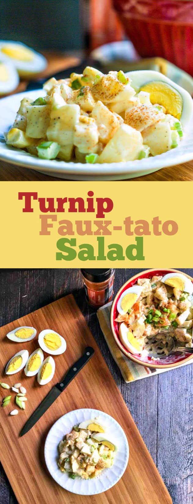 This turnip fauxtato salad is a great low carb alternative to potato salad. Even if you don't care about carbs, it's a delicious way to eat turnips!