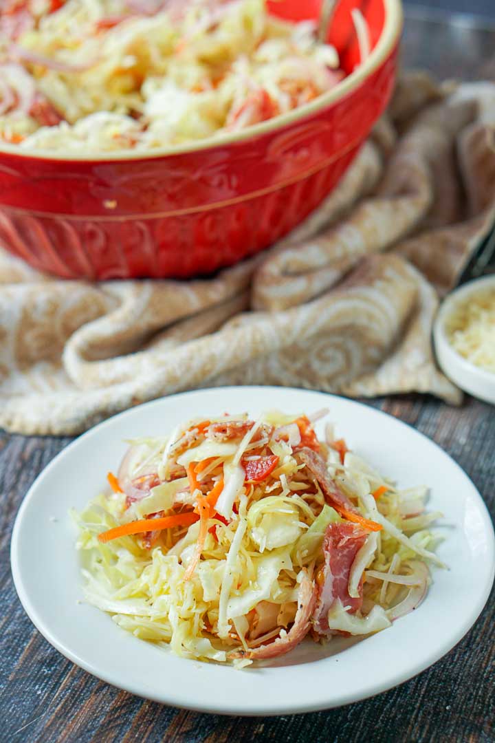 closeup of a white plate filled with antipasto coleslaw