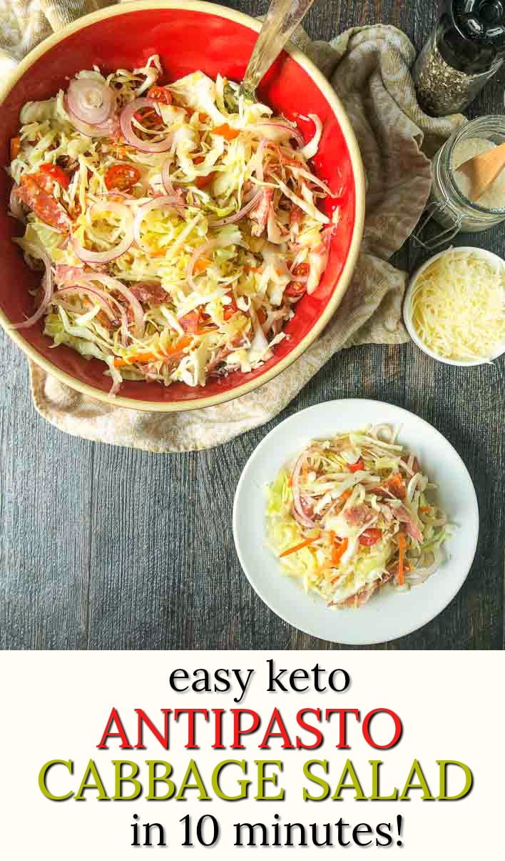 red bowl and white plate with antipasto keto cabbage salad with text