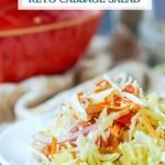 red bowl and white plate with antipasto keto cabbage salad with text