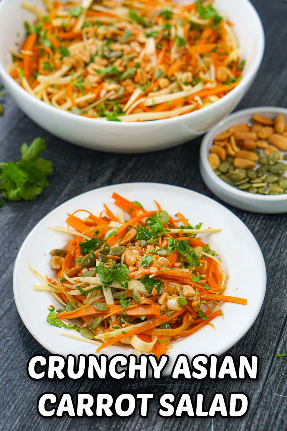 white bowl and plate with Asian carrot salad with parsnips and fresh cilantro sprig and text