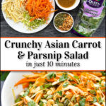 ingredients and plate with Asian carrot salad with parsnips and fresh cilantro sprig and text