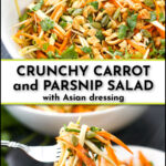 white bowl with Asian carrot salad with parsnips and fresh cilantro sprig and text