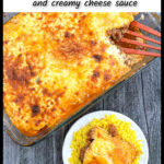 Aerial view of a pan and dish of my mom's moussaka recipe with text overlay.