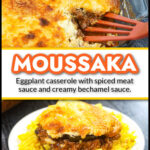 A pan and dish of my mom's moussaka recipe with text overlay.