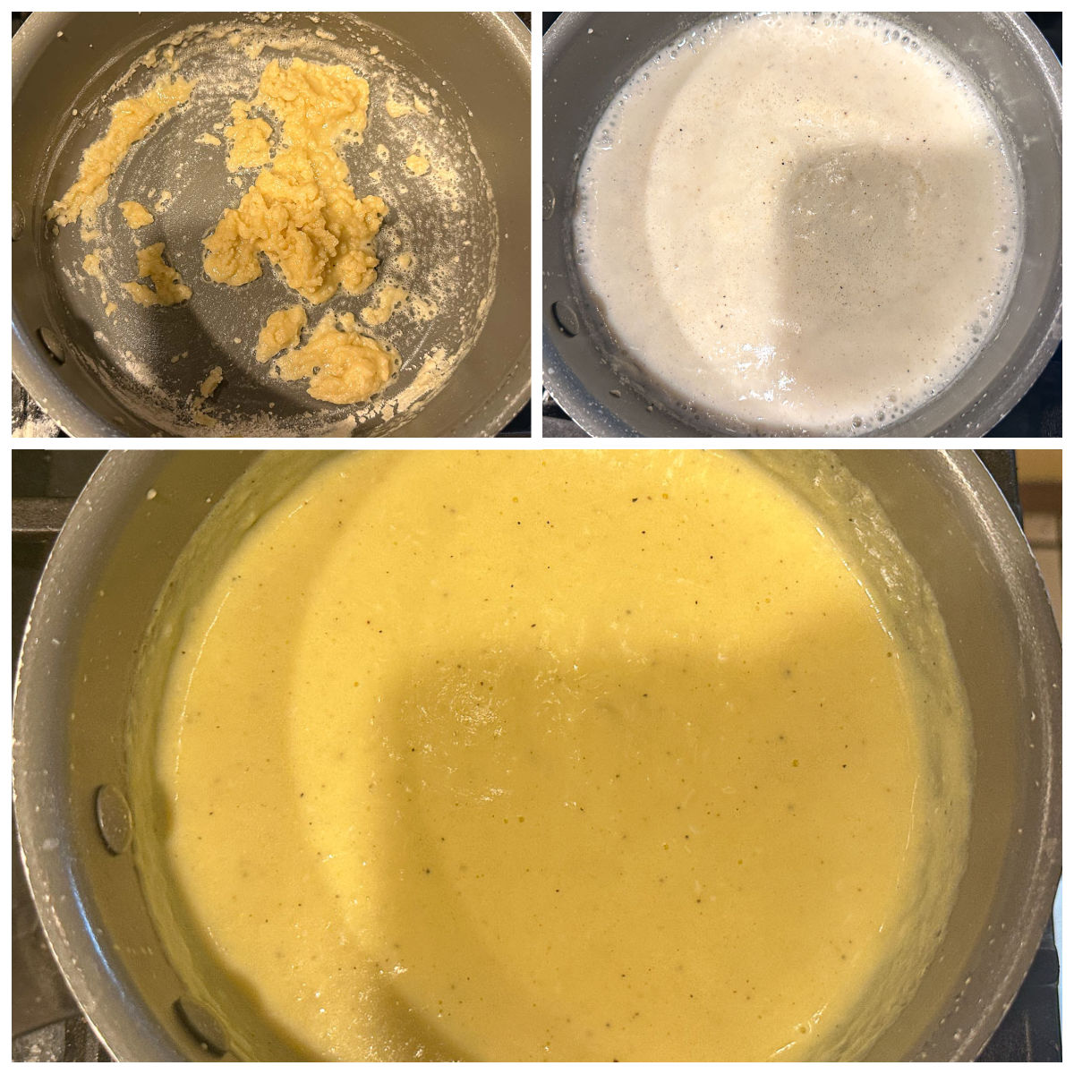 Collage of pictures of how to make a béchamel sauce.