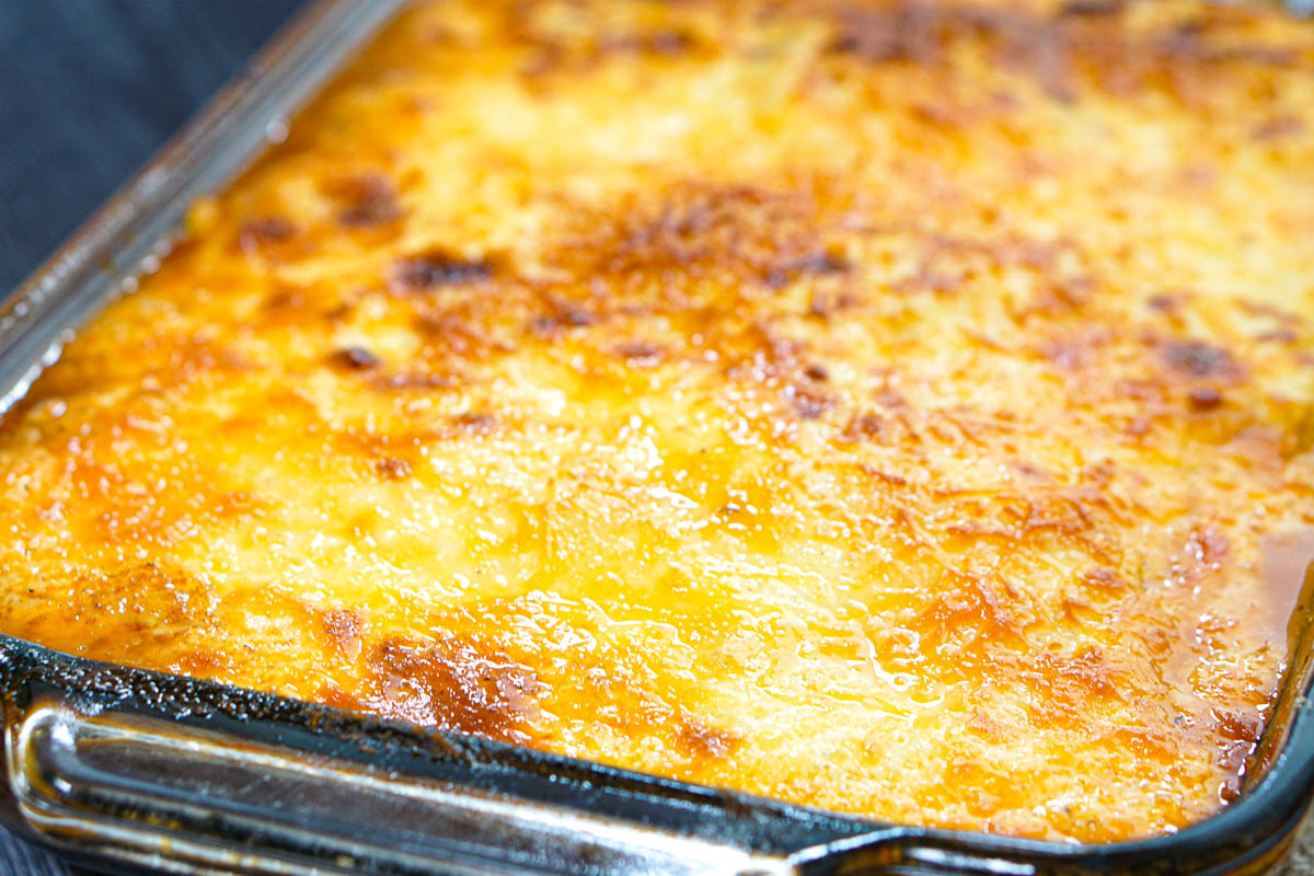 Closeup of the pan of moussaka right out of the oven.