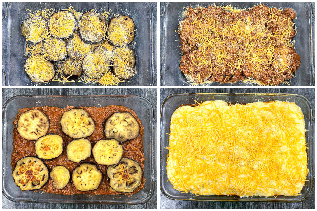 Collage of how to make the layers of moussaka.