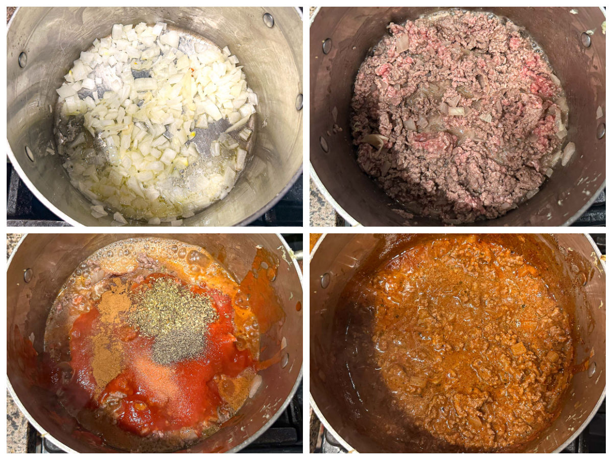 Collage of pictures of how to make the meat sauce for the dish.