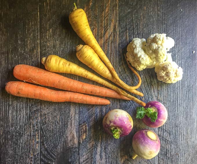 raw carrots, parsnips, cauliflower and turnips