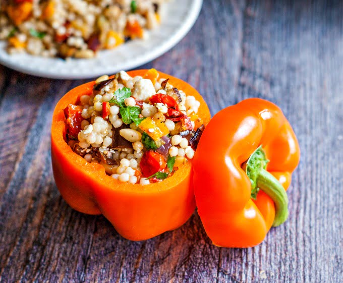 bell pepper made into a container to hold a roasted vegetable salad