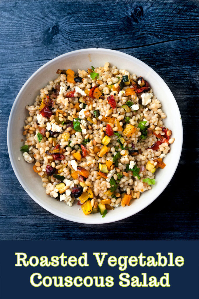 white bowl with roasted vegetable couscous salad and text