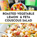 white bowl and ingredients with roasted vegetable couscous salad and text