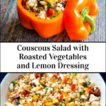 white bowl with roasted vegetable couscous salad and text