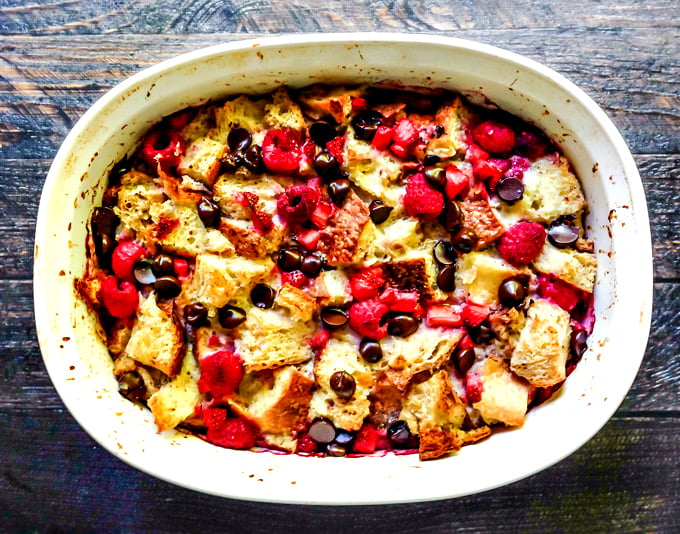 This chocolate berry bread pudding has the delicious combination of berries and chocolate wrapped up in the goodness of bread pudding.