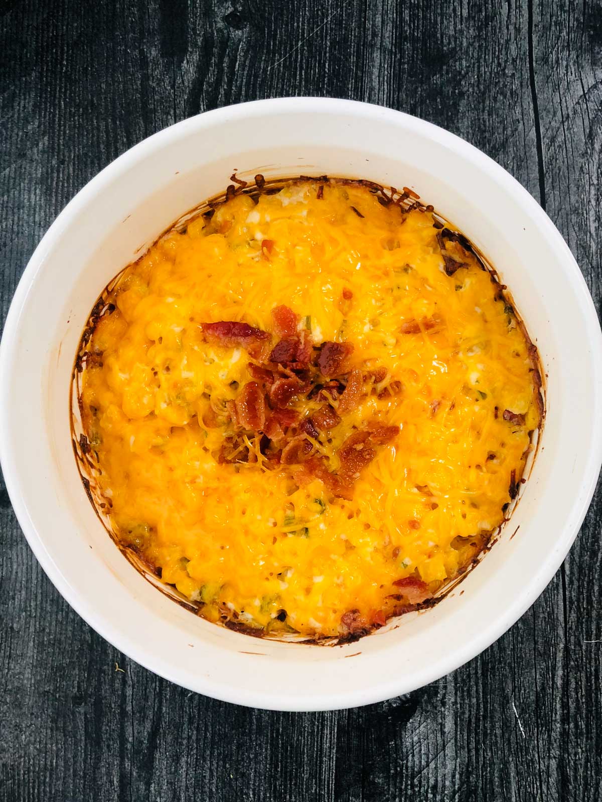 aerial view of baked bacon corn dip