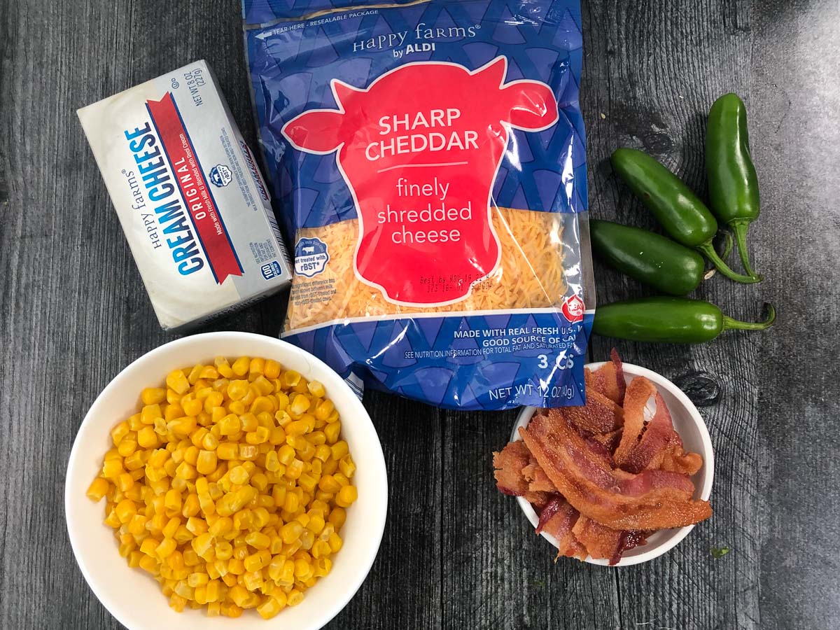 recipe ingredients - jalapenos, bacon, cheddar, corn and cream cheese