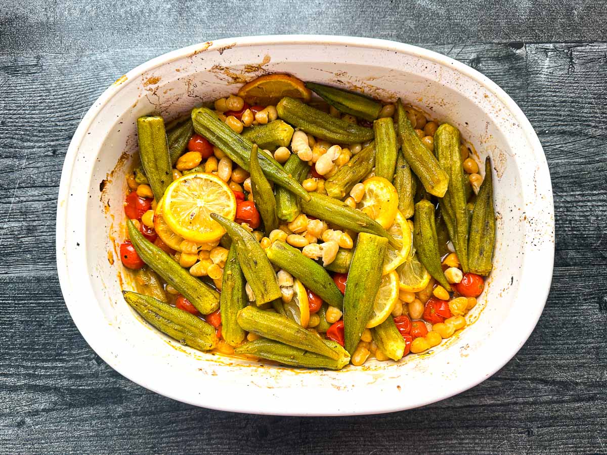 A white baking dish with the finished side dish.